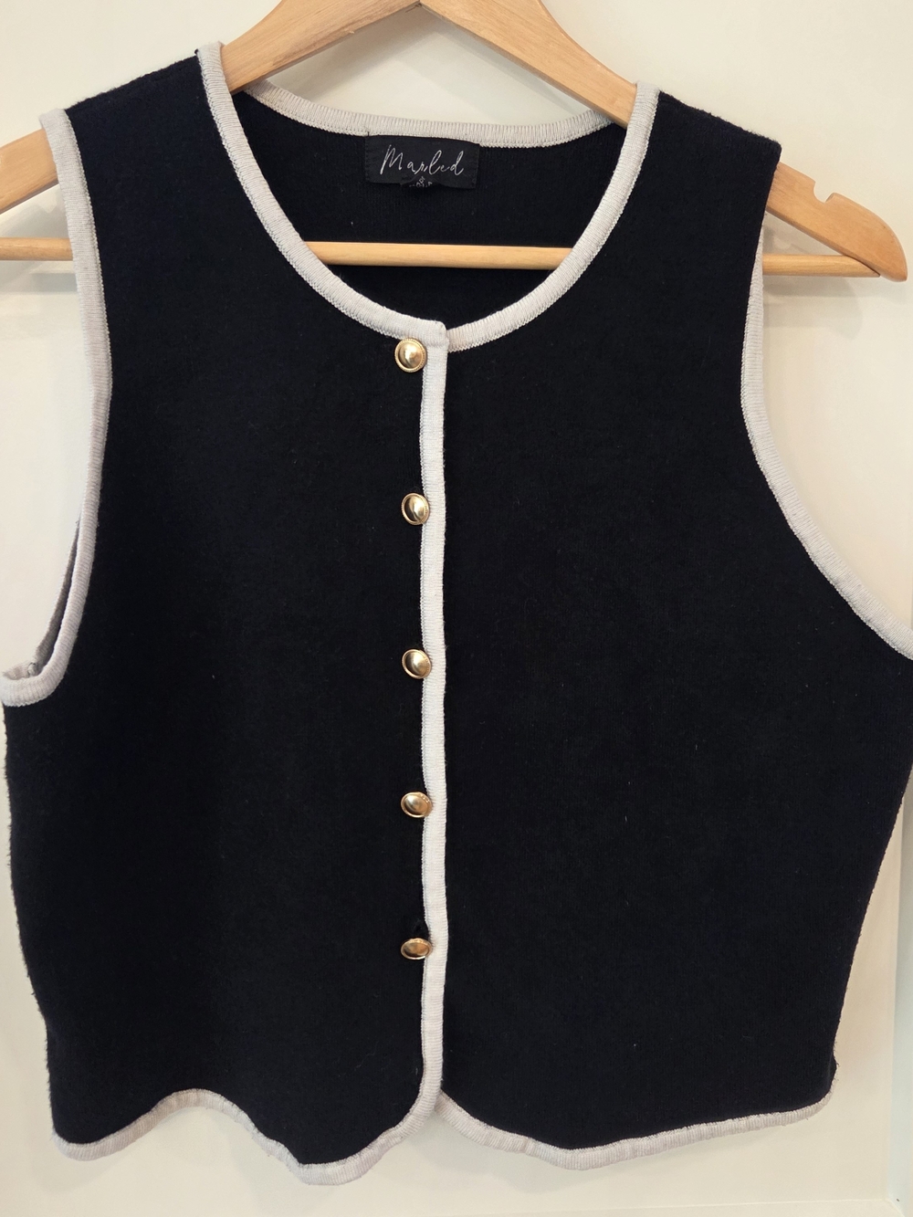 Marled Sweater Vest Cardigan Black White Trim Gold Buttons L Preppy
